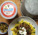 Turkey & olives skillet served over saffron rice topped with Greek Yogurt